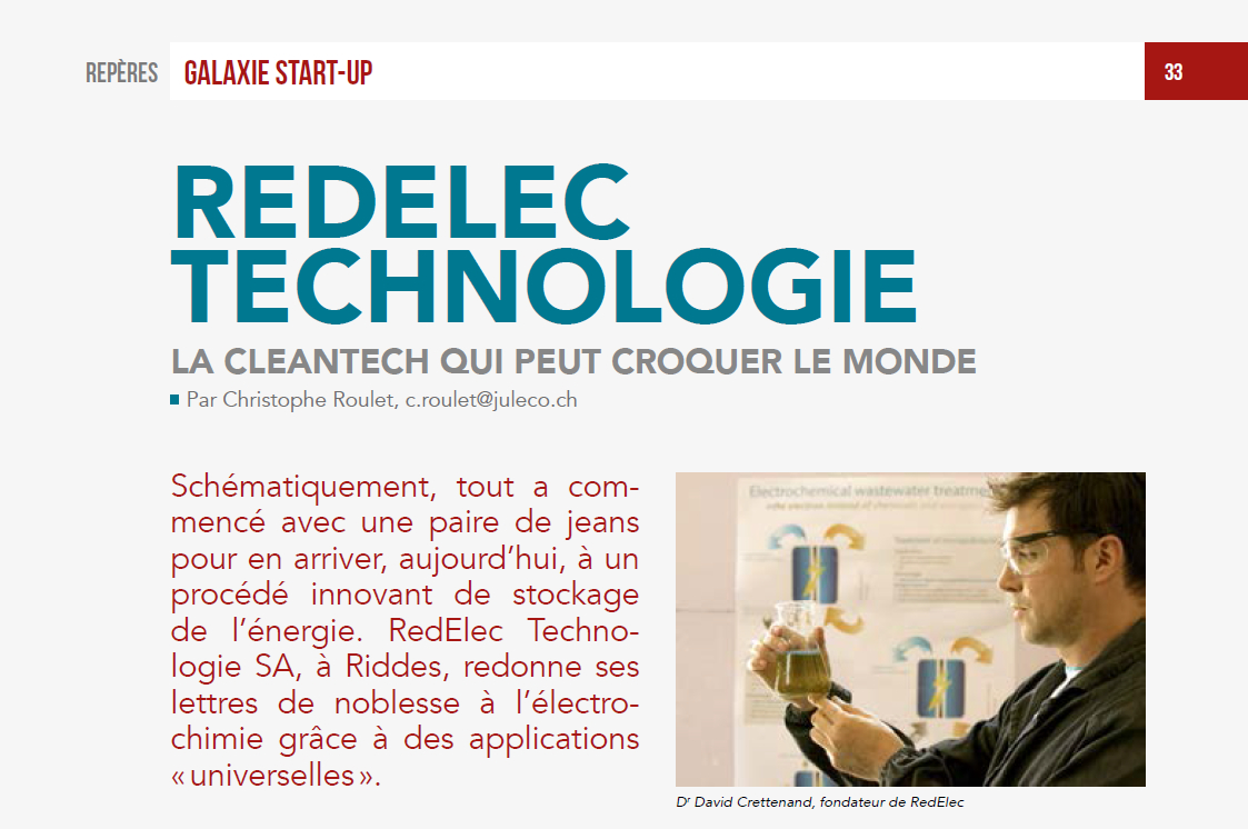 Article : RedElec Technologie, la Cleantech qui peut croquer le monde [Christophe Roulet, Valais Valeur Ajoutée, édition juillet-août-septembre 2014]